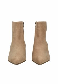Beige suede ankle boots with a pointed toe, smooth texture, and side zippers. Features a low heel for stability.
