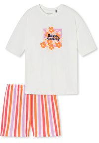 White cotton t-shirt with floral graphic and "Have A Nice Day" text, paired with striped shorts in pink, orange, and purple hues.