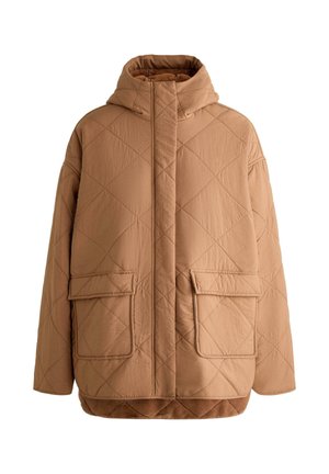 Beige gesteppte Puffjacke mit hohem Kragen, Frontreißverschluss und zwei großen Aufsetztaschen. Weicher, strukturierter Stoff mit einem Rautenmuster.
