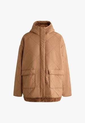 Giubbotto imbottito beige trapuntato con colletto alto, chiusura frontale con zip e due grandi tasche a toppa. Tessuto morbido e testurizzato con motivo a diamante.