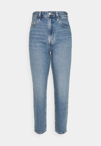 Světle modré džíny s vysokým pasem vyrobené z denimu. Mají rovný střih nohavic, přední kapsy a zip s knoflíkovým zapínáním.