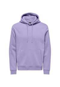 Sweat-shirt en coton violet clair avec une poche avant, capuche à cordon ajustable, poignets et ourlet côtelés. Design simple, texture douce.