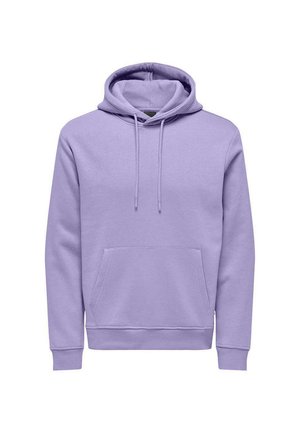 Sweat-shirt en coton violet clair avec une poche avant, capuche à cordon ajustable, poignets et ourlet côtelés. Design simple, texture douce.
