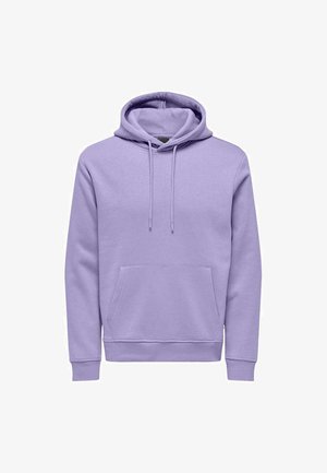 Sweat-shirt en coton violet clair avec une poche avant, capuche à cordon ajustable, poignets et ourlet côtelés. Design simple, texture douce.