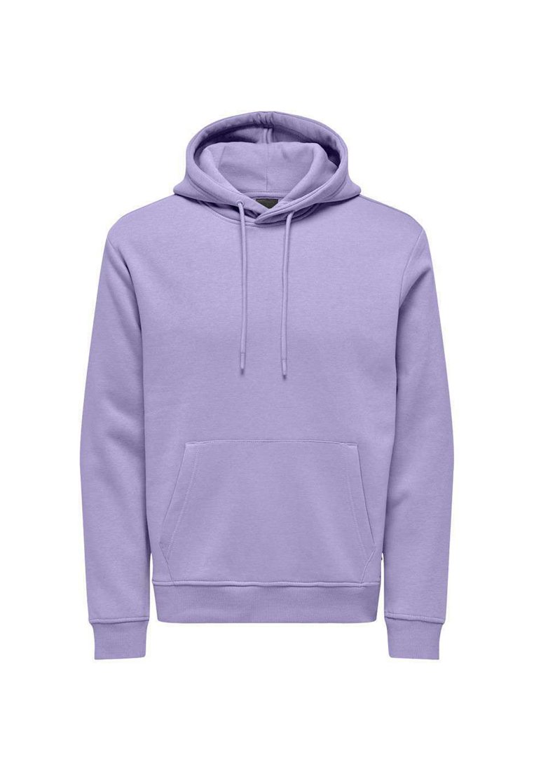 Sweat-shirt en coton violet clair avec une poche avant, capuche à cordon ajustable, poignets et ourlet côtelés. Design simple, texture douce.
