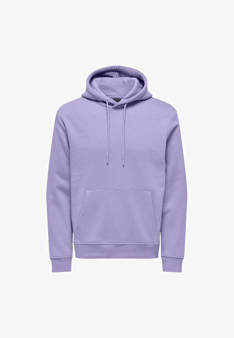 Sweat-shirt en coton violet clair avec une poche avant, capuche à cordon ajustable, poignets et ourlet côtelés. Design simple, texture douce.