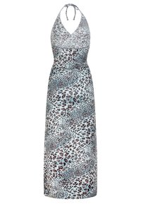 Maxi-jurk met luipaardprint en halternek. Gemaakt van lichtgewicht stof, in tinten bruin en blauw, met een aansluitend lijfje en een vloeiende rok.