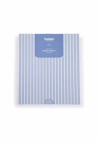 Emballage de boîte rayée bleue pour les boxers, affichant le nom de la marque "Pockies" et une indication claire du type de produit.