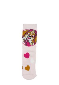 Calze rosa con un cane cartone animato e un motivo a cuori, con cuori colorati in rosa, bianco e marrone. Realizzate in un morbido tessuto elasticizzato.