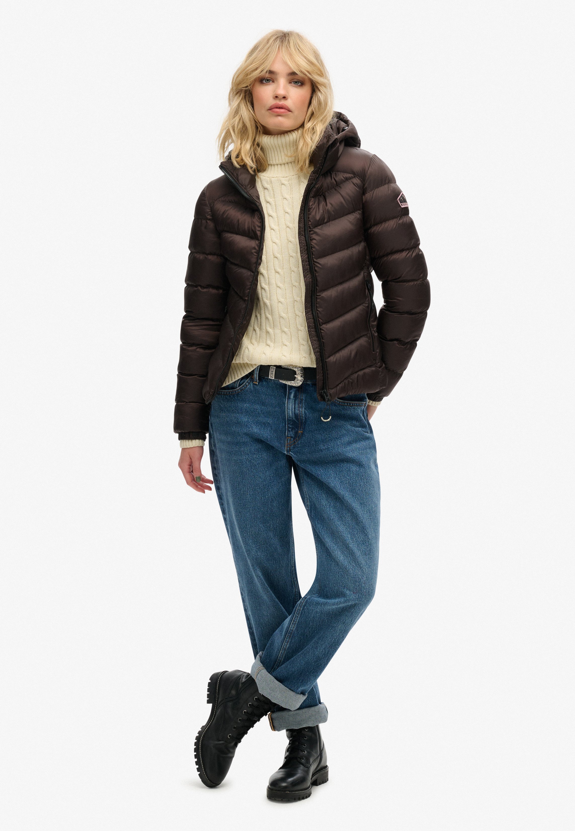 ジャケット・アウター FUJI TWEED CLASSIC COAT BROWN size 6 Superdry Fuji mid-length brown quilted hooded coat with