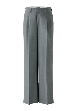 Graue, maßgeschneiderte Hose mit weitem Bein, plissiertem Vorderteil und Gürtelschlaufen. Hergestellt aus strukturiertem Stoff und mit einem klassischen Finish versehen.