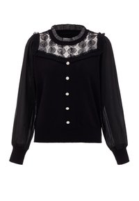 Maglione nero lavorato a maglia con un yoke in pizzo ricamato trasparente, colletto a volant e maniche lunghe in chiffon. Presenta bottoni decorativi lungo la parte anteriore.
