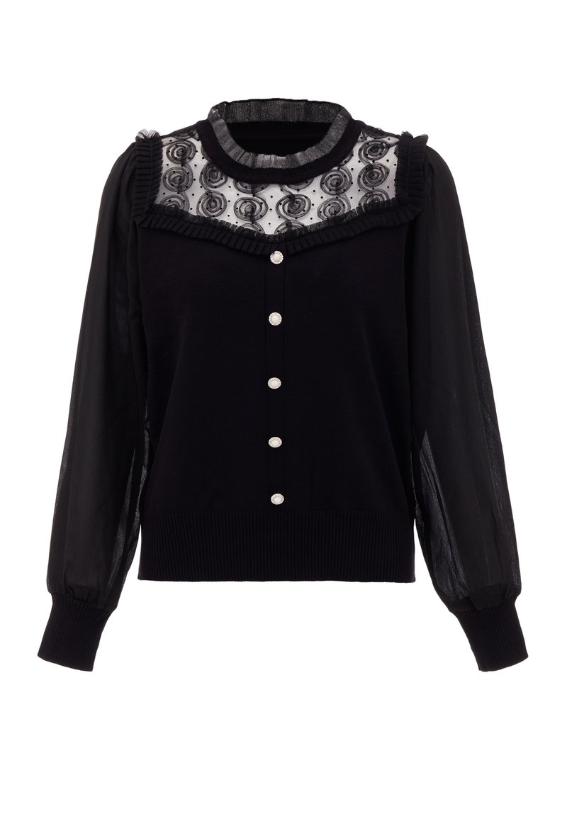 Zwarte gebreide trui met een doorschijnende geborduurde kant yoke, gerimpelde kraag en lange chiffon mouwen. Bevat decoratieve knopen aan de voorkant.