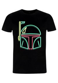 Czarna koszulka z neonową grafiką przedstawiającą wzór hełmu w zielonym, czerwonym i żółtym kolorze. Gładki materiał, okrągły dekolt, krótkie rękawy.