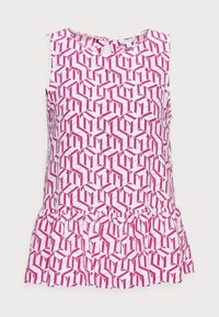 Top senza maniche bianco con motivo geometrico rosa. Presenta un orlo arricciato e un'apertura a chiave sulla schiena. Realizzato in tessuto leggero.