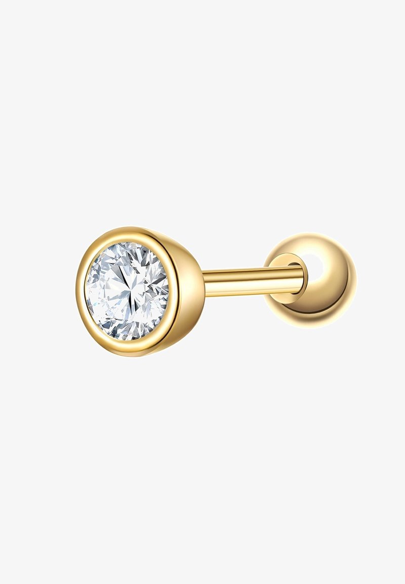 Kultaketju, jossa on pyöreä, kirkas jalokivi. Muotoilu sisältää kiillotetun kultakannan ja sileän, kiiltävän pinnan.