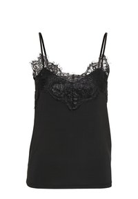 Svart linne med tunna remmar, med en spetsöverläggning vid halsringningen och en slät, mjuk textur. Klassisk och figurnära design.