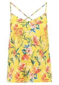 Haut jaune à fleurs avec bretelles spaghetti, présentant des motifs floraux roses et verts. Tissu léger avec une coupe décontractée et un design croisé dans le dos.