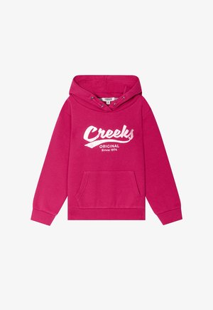 Felpa con cappuccio fucsia realizzata in tessuto morbido, dotata di tasca a marsupio frontale e di un logo stampato bianco "Creeks Original Since 1974."