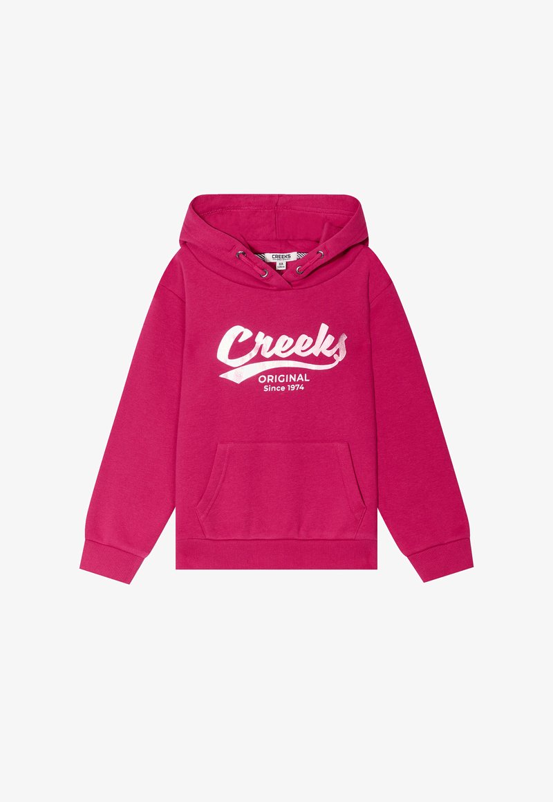 Felpa con cappuccio fucsia realizzata in tessuto morbido, dotata di tasca a marsupio frontale e di un logo stampato bianco "Creeks Original Since 1974."