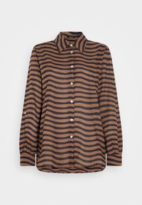 Camicia a maniche lunghe a strisce marroni e blu con patta dei bottoni nascosta, colletto classico e orlo leggermente arrotondato. Tessuto morbido e leggero.