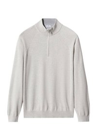 Pull-over gris clair avec une fermeture éclair au quart, manches longues, poignets et bordure côtelés, présentant une texture de tissu lisse et douce avec des coutures raglan.