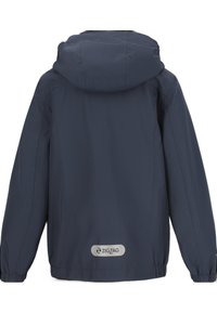 Veste imperméable bleu marine, dotée d'une capuche, de poignets élastiques et d'une étiquette logo argentée au bas. Texture lisse avec un design épuré.