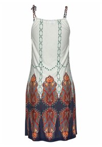 Mouwloze jurk van lichte stof, met een kettingprint en oranje bloemenpatronen aan de onderrand, voorzien van verstelbare strikjes op de schouders.