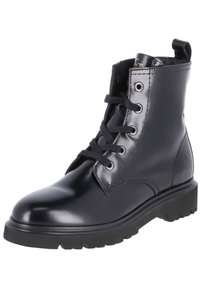 Black ankle boot made of glossy leather, featuring round toe, lace-up design, and sturdy black rubber sole with tread for traction.