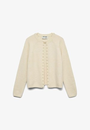 Cream-colored cardigan with round neckline, ribbed cuffs, and front button closure adorned with small decorative pearls. Soft texture, regular fit.