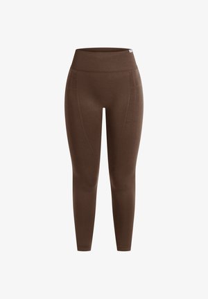 Brown fitted leggings with a high waist, made from a smooth, stretchy material; features additional seam detailing on the sides.