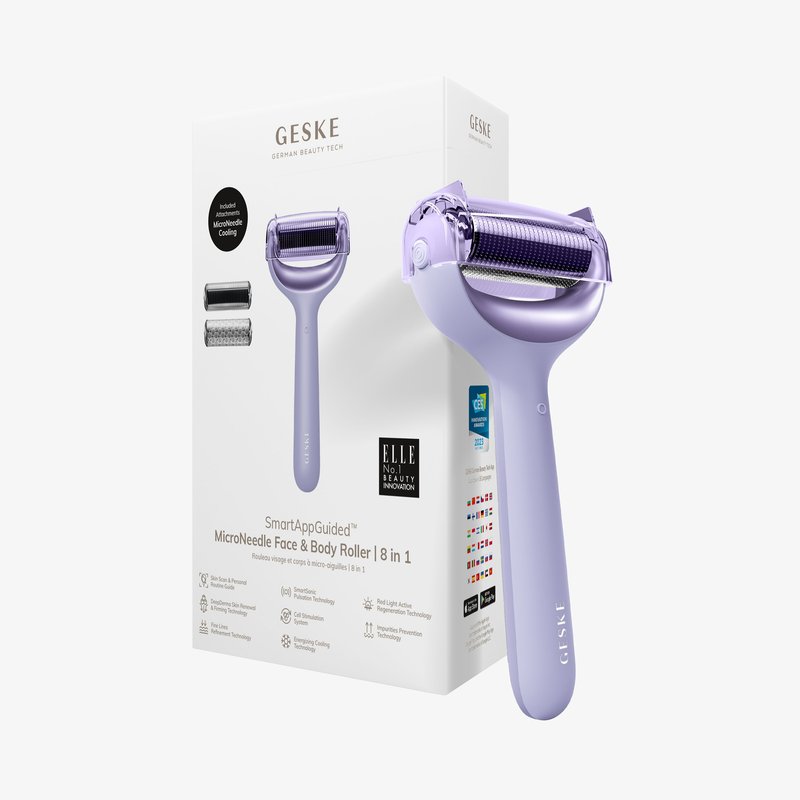 Rouleau micro-aiguille pour le visage et le corps en lavande, doté d'une tête de rouleau texturée et d'une poignée ergonomique. Comprend des accessoires interchangeables.