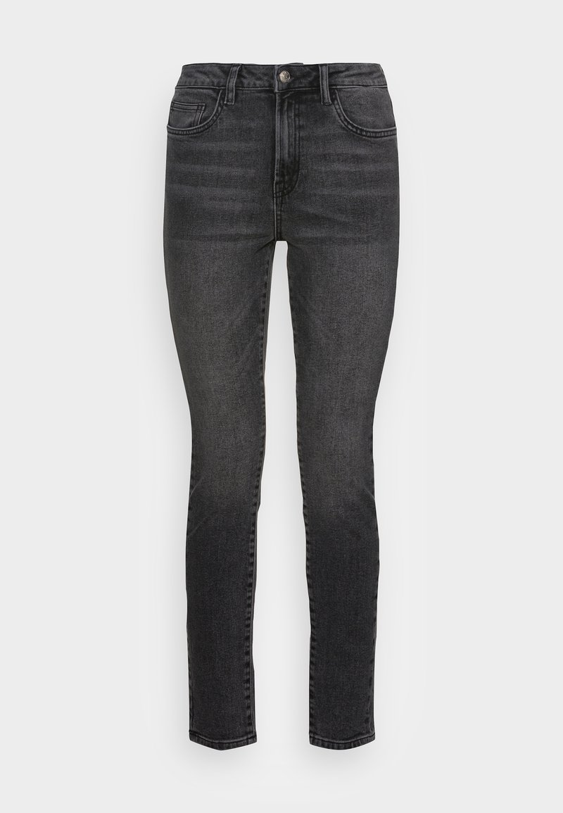 Jeans de denim preto slim fit com cinco bolsos, fecho de botão e um leve desbotado. Apresenta costura decorativa ao longo das costuras.