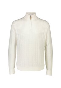 Weißer Strickpullover mit Zopfmuster, halbem Reißverschluss am Kragen, gerippten Bündchen und Saum. Hergestellt aus weichem, strukturiertem Material.