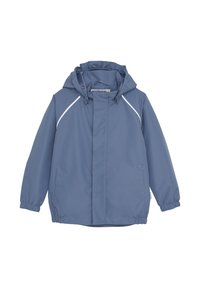 Veste imperméable bleue avec capuche, poignets élastiques et fermeture éclair à l'avant. Présente des coutures d'accentuations blanches et deux poches latérales.