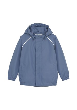 Blaue wasserdichte Jacke mit Kapuze, elastischen Bündchen und einem Reißverschluss vorne. Verfügt über weiße Akzentnähte und zwei Seitentaschen.