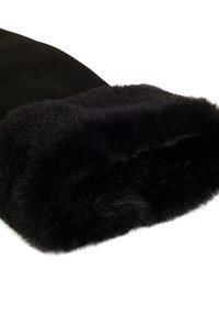 Puño de pelaje sintético negro con textura suave, combinado con tela negra lisa. El puño es mullido y grueso, proporcionando calidez y comodidad.