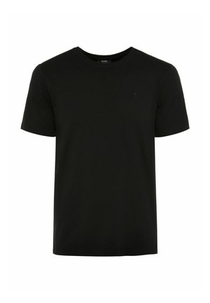 Czarna bawełniana koszulka z okrągłym dekoltem, krótkimi rękawami i małym haftowanym logo na lewej piersi. Miękka, gładka tekstura.