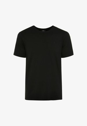 Czarna bawełniana koszulka z okrągłym dekoltem, krótkimi rękawami i małym haftowanym logo na lewej piersi. Miękka, gładka tekstura.