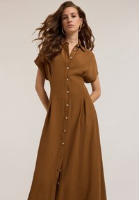 Brown button-up dress with short sleeves, a high collar, and pleats. Made of a smooth fabric, featuring rounded buttons down the front.