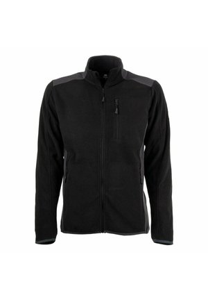 Schwarze Fleecejacke mit einem Reißverschluss vorne, hohem Kragen und zweiSeitentaschen. Mit grauen Akzenten an den Schultern und Bündchen. Weicher Stoff, mittleres Gewicht.