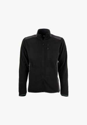 Giacca in pile nera con zip frontale, colletto alto e due tasche laterali. Presenta accenti grigi sulle spalle e sui polsini. Tessuto morbido, peso medio.