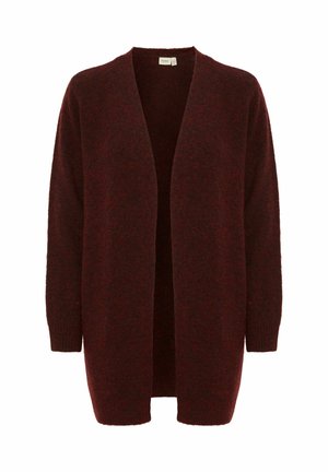 Burgunderfarbener Strickcardigan mit langen Ärmeln, offenem Design und gerippten Bündchen. Weiche Textur mit lockerer Passform.