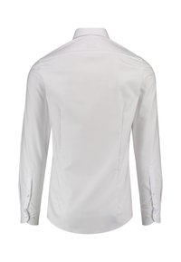 Camicia bianca a maniche lunghe con collare a punta, polsini abbottonati e un tessuto liscio e strutturato. Presenta cuciture laterali e una vestibilità su misura.
