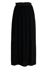 Gonna maxi nera realizzata in tessuto leggero. Vita elasticizzata con bordo arricciato. Design fluido con un taglio a lunghezza completa.