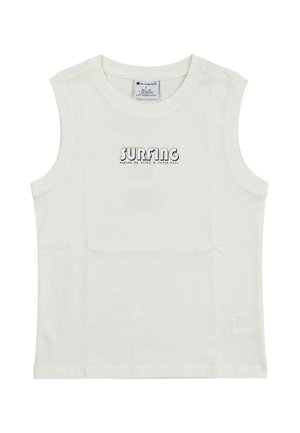 Canotta bianca senza maniche Champion con scritta "SURFING" e slogan più piccolo stampati in nero al centro davanti.