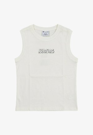 Canotta bianca senza maniche Champion con scritta "SURFING" e slogan più piccolo stampati in nero al centro davanti.