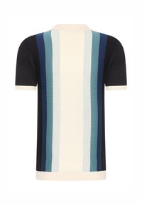 Korte mouwen polo shirt met verticale strepen in marineblauw, teal en crème kleuren. Gerardde kraag en manchetaccenten met een soepele textuur.