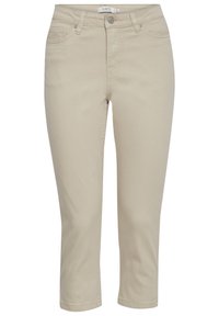 Beżowe spodnie 3/4 wykonane z miękkiego materiału, z zapięciem na guziki z przodu, paskami do paska oraz pięcioma kieszeniami, z minimalnymi detalami przeszycia.