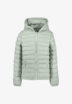 Lichtgroene gewatteerde jas met capuchon, voorzien van een rits aan de voorkant, een gequilt ontwerp en twee zijzakken. Gladde textuur en lichtgewicht.